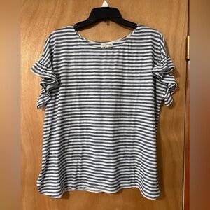 Max Studio 1X Navy & White Striped Ruffle Sleeve Top Rayon Blend Casual Blouse